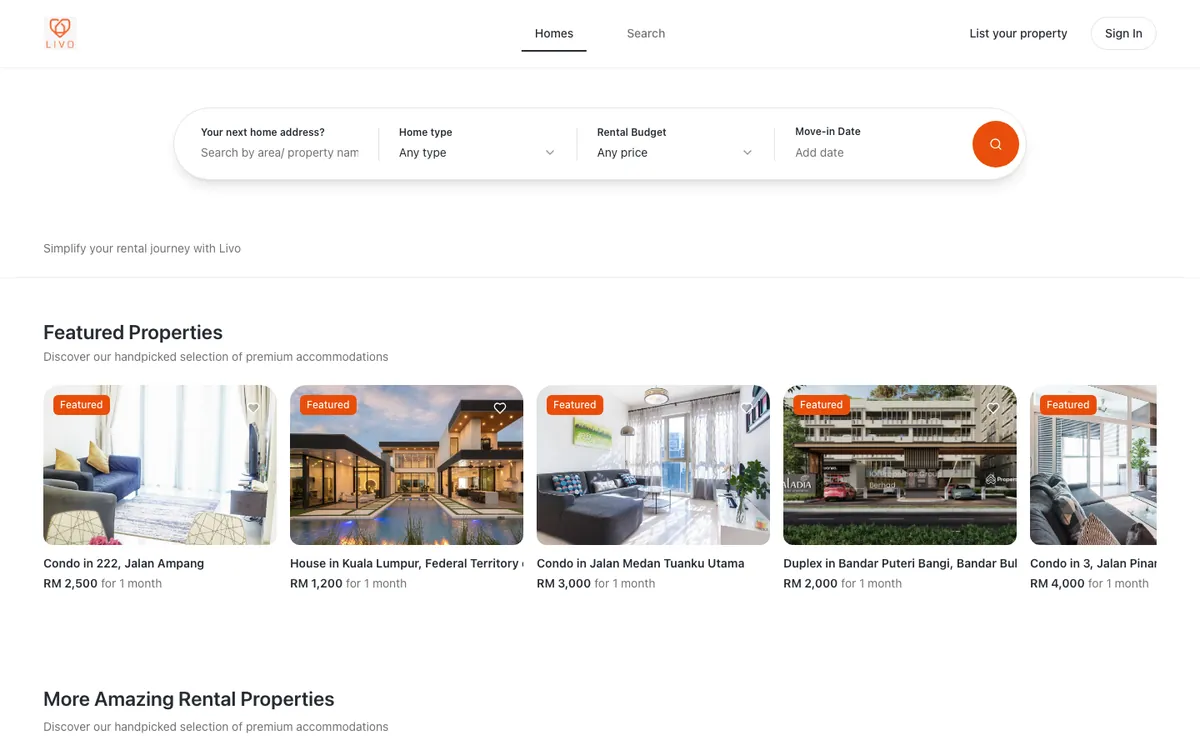 Livo homepage with rental search and featured properties