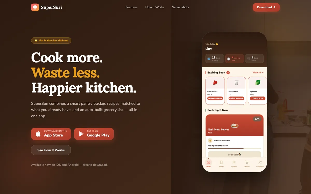 SuperSuri landing page with the app's home screen