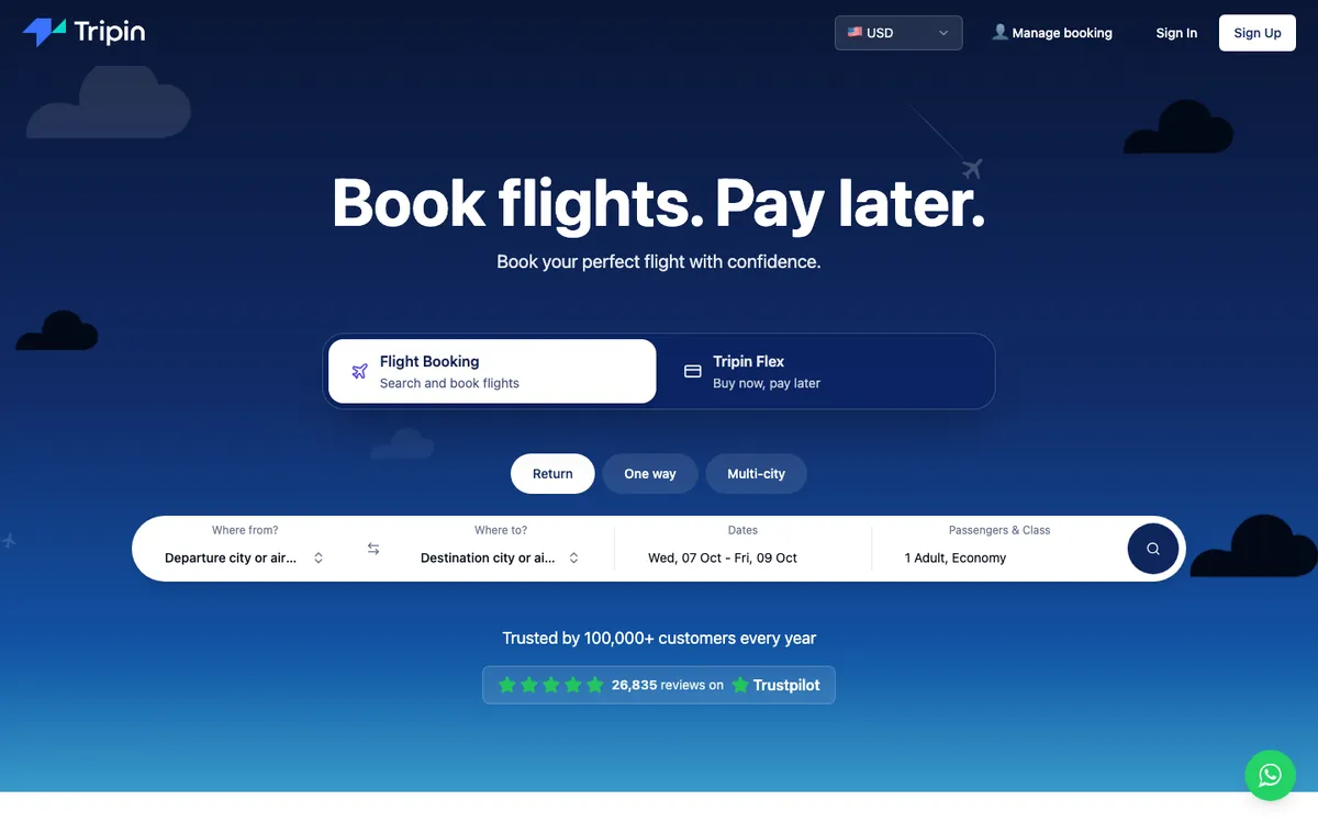 Tripin Tours homepage with flight search and pay-later options