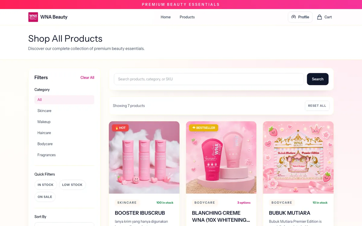 WNA Beauty product listing with filters